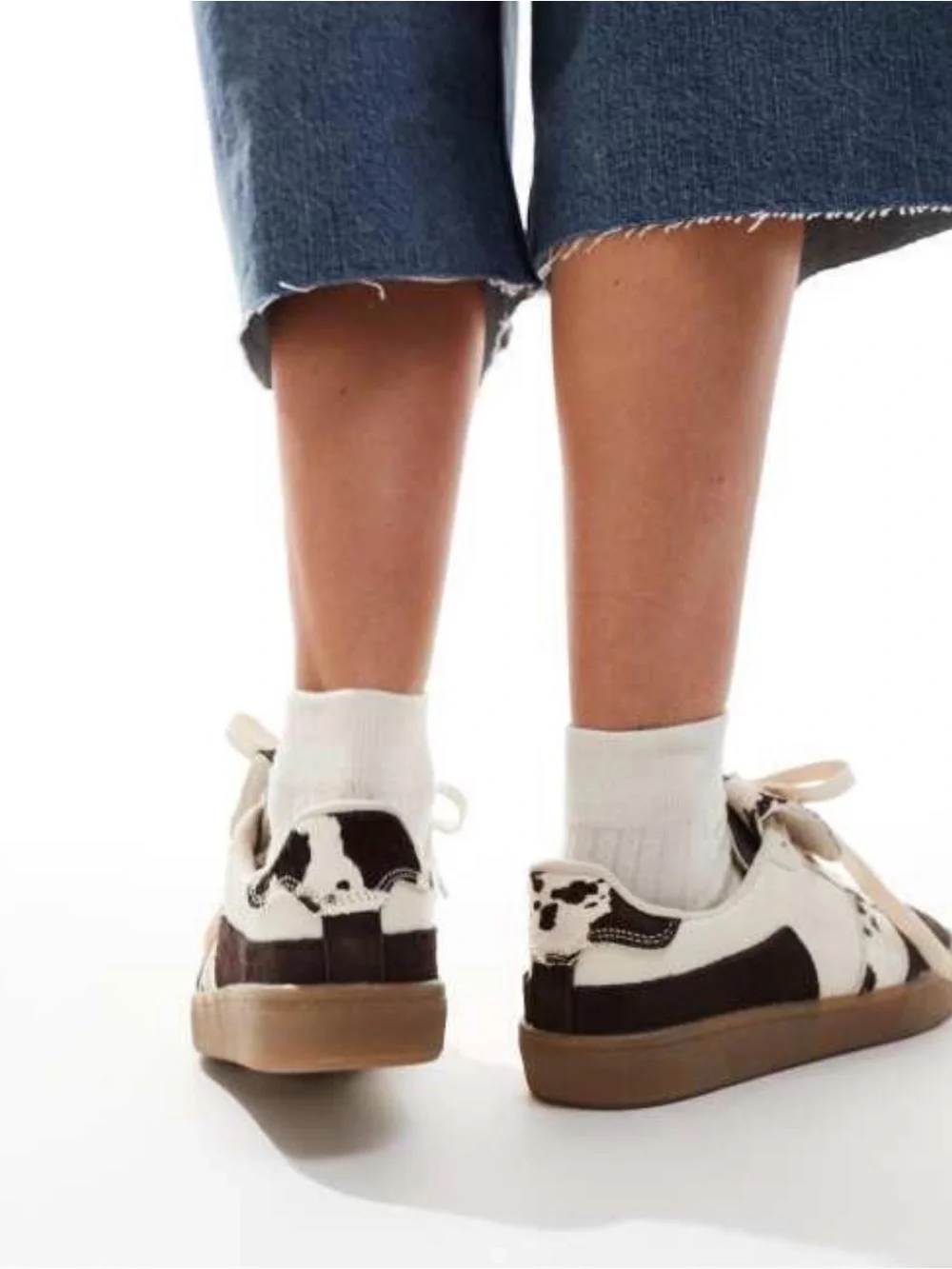 stradivarius White and Brown Cow Print Low-Top Sneakers